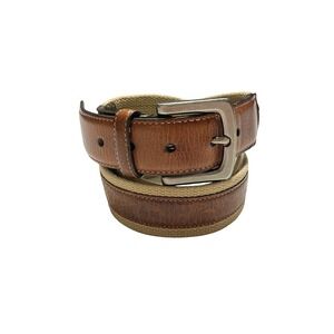 Mens Brown Leather Canvas Inlay Belt Size 36 Casual Rugged Mixed Media